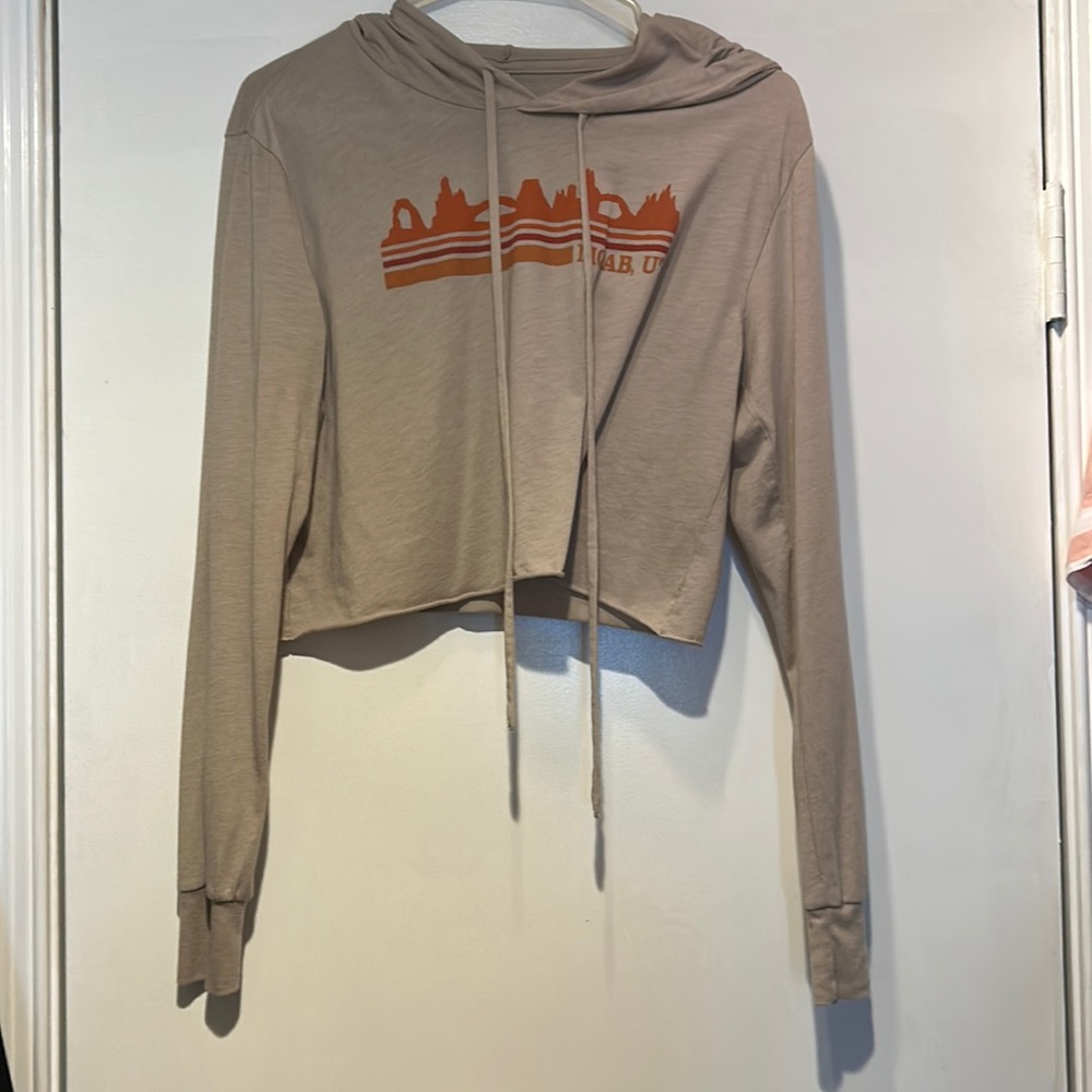 Bella + Canvas size small khaki colored long sleeve cropped hoodie - “Moab, UT”